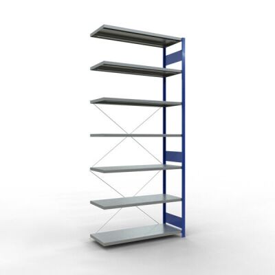 Anbauregal, Fachbodenregal Stecksystem MULTIplus250, 3000 x 1300 x 500 mm (HxBxT), 7 Fachböden, Kreuzstrebe, RAL 5010 enzianblau/verzinkt