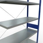 Anbauregal, Fachbodenregal Stecksystem MULTIplus250, 3000 x 1300 x 500 mm (HxBxT), 7 Fachböden, Kreuzstrebe, RAL 5010 enzianblau/verzinkt