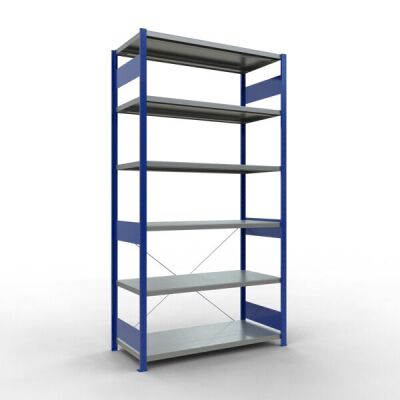 Grundregal, Fachbodenregal Stecksystem MULTIplus250, 2500 x 1300 x 600 mm (HxBxT), 6 Fachböden, Kreuzstrebe, RAL 5010 enzianblau/verzinkt