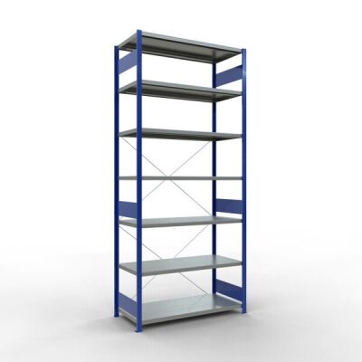 Grundregal, Fachbodenregal Stecksystem MULTIplus250, 3000 x 1300 x 600 mm (HxBxT), 7 Fachböden, Kreuzstrebe, RAL 5010 enzianblau/verzinkt