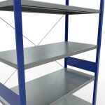 Grundregal, Fachbodenregal Stecksystem MULTIplus250, 3000 x 1300 x 600 mm (HxBxT), 7 Fachböden, Kreuzstrebe, RAL 5010 enzianblau/verzinkt