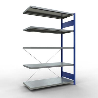 Anbauregal, Fachbodenregal Stecksystem MULTIplus250, 2000 x 1300 x 600 mm (HxBxT), 5 Fachböden, Kreuzstrebe, RAL 5010 enzianblau/verzinkt