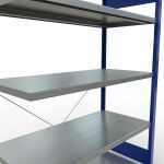 Anbauregal, Fachbodenregal Stecksystem MULTIplus250, 2000 x 1300 x 600 mm (HxBxT), 5 Fachböden, Kreuzstrebe, RAL 5010 enzianblau/verzinkt