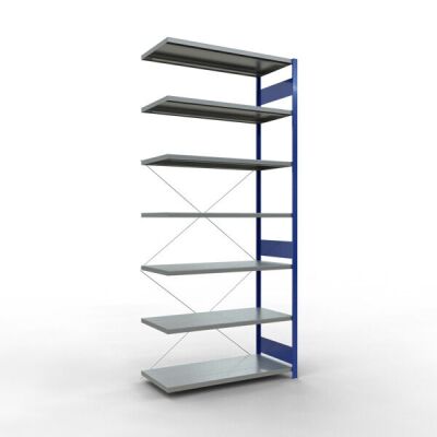 Anbauregal, Fachbodenregal Stecksystem MULTIplus250, 3000 x 1300 x 600 mm (HxBxT), 7 Fachböden, Kreuzstrebe, RAL 5010 enzianblau/verzinkt