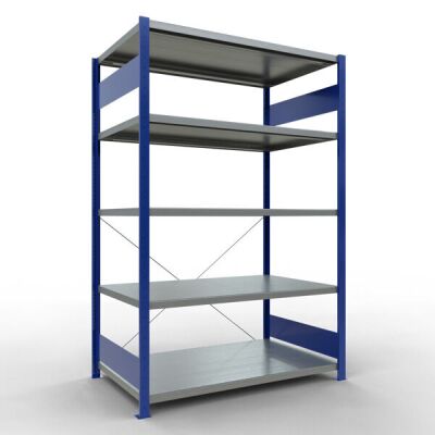 Grundregal, Fachbodenregal Stecksystem MULTIplus250, 2000 x 1300 x 800 mm (HxBxT), 5 Fachböden, Kreuzstrebe, RAL 5010 enzianblau/verzinkt
