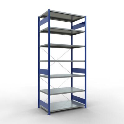 Grundregal, Fachbodenregal Stecksystem MULTIplus250, 3000 x 1300 x 800 mm (HxBxT), 7 Fachböden, Kreuzstrebe, RAL 5010 enzianblau/verzinkt
