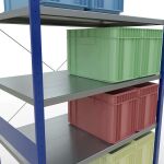 Grundregal, Fachbodenregal Stecksystem MULTIplus250, 3000 x 1300 x 800 mm (HxBxT), 7 Fachböden, Kreuzstrebe, RAL 5010 enzianblau/verzinkt