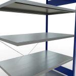 Anbauregal, Fachbodenregal Stecksystem MULTIplus250, 2000 x 1300 x 800 mm (HxBxT), 5 Fachböden, Kreuzstrebe, RAL 5010 enzianblau/verzinkt
