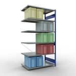 Anbauregal, Fachbodenregal Stecksystem MULTIplus250, 2500 x 1300 x 800 mm (HxBxT), 6 Fachböden, Kreuzstrebe, RAL 5010 enzianblau/verzinkt