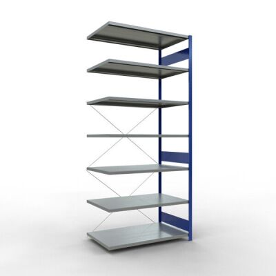 Anbauregal, Fachbodenregal Stecksystem MULTIplus250, 3000 x 1300 x 800 mm (HxBxT), 7 Fachböden, Kreuzstrebe, RAL 5010 enzianblau/verzinkt