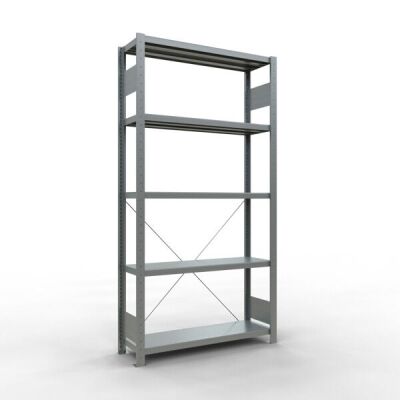 Grundregal, Fachbodenregal Stecksystem MULTIplus330, 2000 x 1000 x 300 mm (HxBxT), 5 Fachböden, Kreuzstrebe, verzinkt