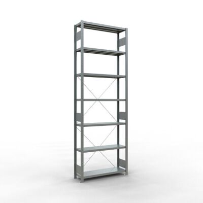Grundregal, Fachbodenregal Stecksystem MULTIplus330, 3000 x 1000 x 300 mm (HxBxT), 7 Fachböden, Kreuzstrebe, verzinkt
