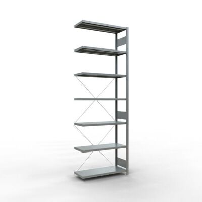 Anbauregal, Fachbodenregal Stecksystem MULTIplus330, 3000 x 1000 x 400 mm (HxBxT), 7 Fachböden, Kreuzstrebe, verzinkt