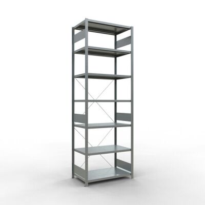 Grundregal, Fachbodenregal Stecksystem MULTIplus330, 3000 x 1000 x 600 mm (HxBxT), 7 Fachböden, Kreuzstrebe, verzinkt