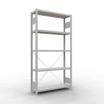 Grundregal, Fachbodenregal Stecksystem MULTIplus330, 2000 x 1000 x 300 mm (HxBxT), 5 Fachböden, Kreuzstrebe, RAL 7035 lichtgrau