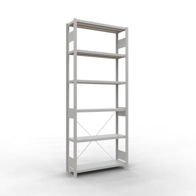 Grundregal, Fachbodenregal Stecksystem MULTIplus330, 2500 x 1000 x 300 mm (HxBxT), 6 Fachböden, Kreuzstrebe, RAL 7035 lichtgrau