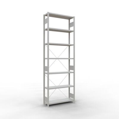 Grundregal, Fachbodenregal Stecksystem MULTIplus330, 3000 x 1000 x 300 mm (HxBxT), 7 Fachböden, Kreuzstrebe, RAL 7035 lichtgrau