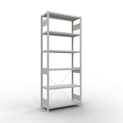 Grundregal, Fachbodenregal Stecksystem MULTIplus330, 2500 x 1000 x 400 mm (HxBxT), 6 Fachböden, Kreuzstrebe, RAL 7035 lichtgrau