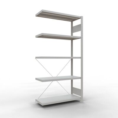 Anbauregal, Fachbodenregal Stecksystem MULTIplus330, 2000 x 1000 x 400 mm (HxBxT), 5 Fachböden, Kreuzstrebe, RAL 7035 lichtgrau