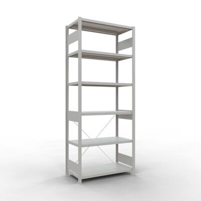 Grundregal, Fachbodenregal Stecksystem MULTIplus330, 2500 x 1000 x 500 mm (HxBxT), 6 Fachböden, Kreuzstrebe, RAL 7035 lichtgrau