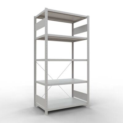 Grundregal, Fachbodenregal Stecksystem MULTIplus330, 2000 x 1000 x 600 mm (HxBxT), 5 Fachböden, Kreuzstrebe, RAL 7035 lichtgrau