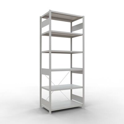 Grundregal, Fachbodenregal Stecksystem MULTIplus330, 2500 x 1000 x 600 mm (HxBxT), 6 Fachböden, Kreuzstrebe, RAL 7035 lichtgrau