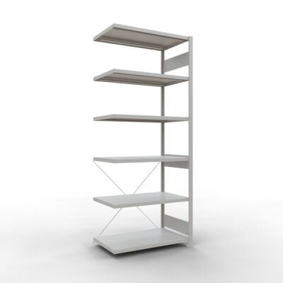 Anbauregal, Fachbodenregal Stecksystem MULTIplus330, 2500 x 1000 x 600 mm (HxBxT), 6 Fachböden, Kreuzstrebe, RAL 7035 lichtgrau