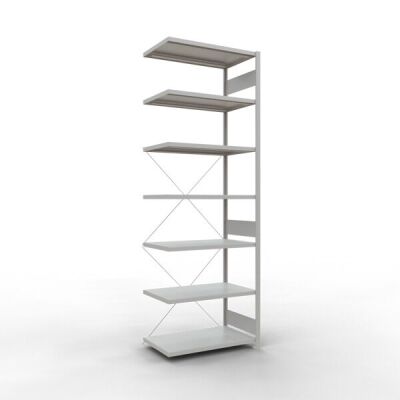 Anbauregal, Fachbodenregal Stecksystem MULTIplus330, 3000 x 1000 x 600 mm (HxBxT), 7 Fachböden, Kreuzstrebe, RAL 7035 lichtgrau