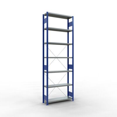 Grundregal, Fachbodenregal Stecksystem MULTIplus330, 3000 x 1000 x 300 mm (HxBxT), 7 Fachböden, Kreuzstrebe, RAL 5010 enzianblau/verzinkt