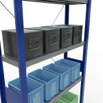 Grundregal, Fachbodenregal Stecksystem MULTIplus330, 3000 x 1000 x 300 mm (HxBxT), 7 Fachböden, Kreuzstrebe, RAL 5010 enzianblau/verzinkt