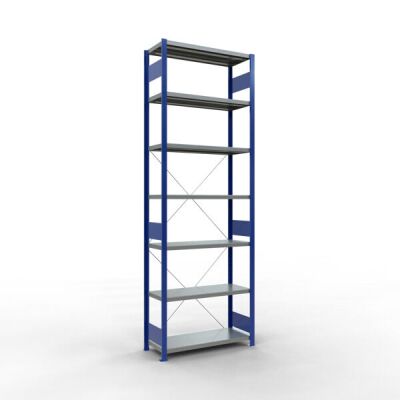 Grundregal, Fachbodenregal Stecksystem MULTIplus330, 3000 x 1000 x 400 mm (HxBxT), 7 Fachböden, Kreuzstrebe, RAL 5010 enzianblau/verzinkt