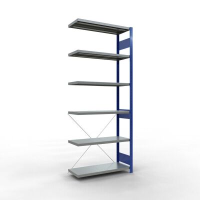 Anbauregal, Fachbodenregal Stecksystem MULTIplus330, 2500 x 1000 x 400 mm (HxBxT), 6 Fachböden, Kreuzstrebe, RAL 5010 enzianblau/verzinkt