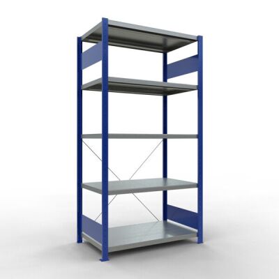 Grundregal, Fachbodenregal Stecksystem MULTIplus330, 2000 x 1000 x 600 mm (HxBxT), 5 Fachböden, Kreuzstrebe, RAL 5010 enzianblau/verzinkt