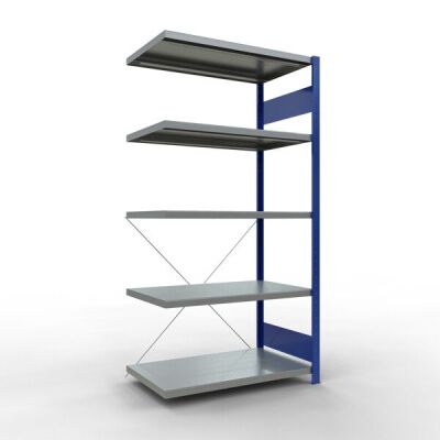 Anbauregal, Fachbodenregal Stecksystem MULTIplus330, 2000 x 1000 x 600 mm (HxBxT), 5 Fachböden, Kreuzstrebe, RAL 5010 enzianblau/verzinkt