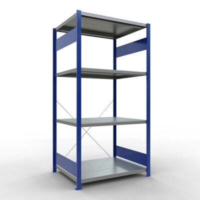 Grundregal, Fachbodenregal Stecksystem MULTIplus330, 2000 x 1000 x 800 mm (HxBxT), 5 Fachböden, Kreuzstrebe, RAL 5010 enzianblau/verzinkt