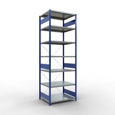 Grundregal, Fachbodenregal Stecksystem MULTIplus330, 3000 x 1000 x 800 mm (HxBxT), 7 Fachböden, Kreuzstrebe, RAL 5010 enzianblau/verzinkt