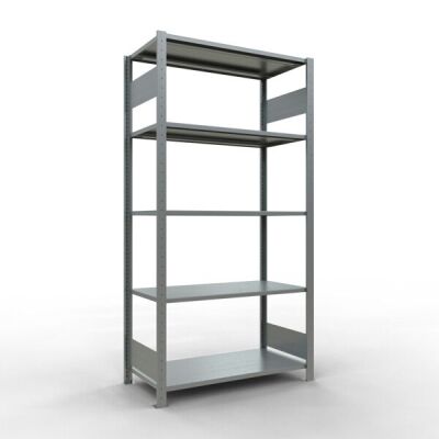 Grundregal, Fachbodenregal Stecksystem MULTIplus85, 2000 x 1000 x 500 mm (HxBxT), 5 Fachböden, Längenriegel, verzinkt