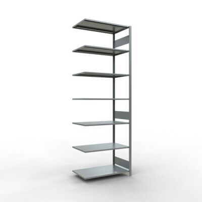 Anbauregal, Fachbodenregal Stecksystem MULTIplus85, 3000 x 1000 x 600 mm (HxBxT), 7 Fachböden, Längenriegel, verzinkt