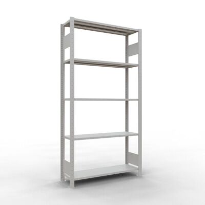 Grundregal, Fachbodenregal Stecksystem MULTIplus85, 2000 x 1000 x 300 mm (HxBxT), 5 Fachböden, Längenriegel, RAL 7035 lichtgrau