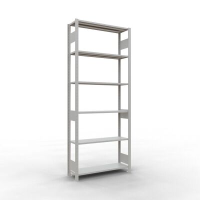 Grundregal, Fachbodenregal Stecksystem MULTIplus85, 2500 x 1000 x 300 mm (HxBxT), 6 Fachböden, Längenriegel, RAL 7035 lichtgrau