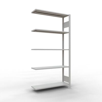 Anbauregal, Fachbodenregal Stecksystem MULTIplus85, 2000 x 1000 x 300 mm (HxBxT), 5 Fachböden, Längenriegel, RAL 7035 lichtgrau