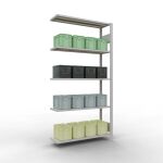 Anbauregal, Fachbodenregal Stecksystem MULTIplus85, 2000 x 1000 x 300 mm (HxBxT), 5 Fachböden, Längenriegel, RAL 7035 lichtgrau