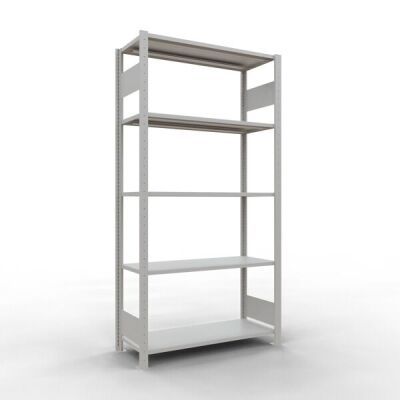 Grundregal, Fachbodenregal Stecksystem MULTIplus85, 2000 x 1000 x 400 mm (HxBxT), 5 Fachböden, Längenriegel, RAL 7035 lichtgrau