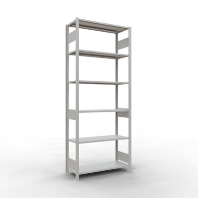 Grundregal, Fachbodenregal Stecksystem MULTIplus85, 2500 x 1000 x 400 mm (HxBxT), 6 Fachböden, Längenriegel, RAL 7035 lichtgrau