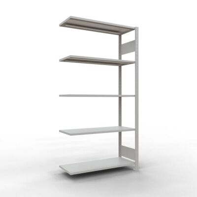 Anbauregal, Fachbodenregal Stecksystem MULTIplus85, 2000 x 1000 x 400 mm (HxBxT), 5 Fachböden, Längenriegel, RAL 7035 lichtgrau