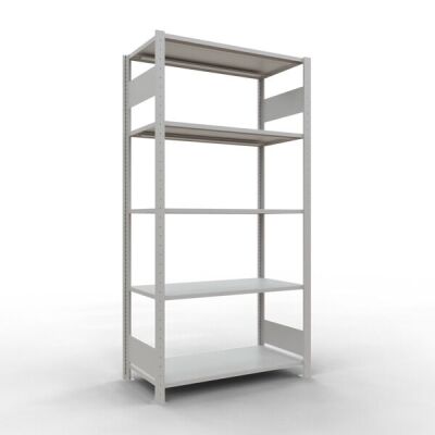Grundregal, Fachbodenregal Stecksystem MULTIplus85, 2000 x 1000 x 500 mm (HxBxT), 5 Fachböden, Längenriegel, RAL 7035 lichtgrau