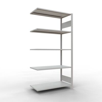 Anbauregal, Fachbodenregal Stecksystem MULTIplus85, 2000 x 1000 x 500 mm (HxBxT), 5 Fachböden, Längenriegel, RAL 7035 lichtgrau
