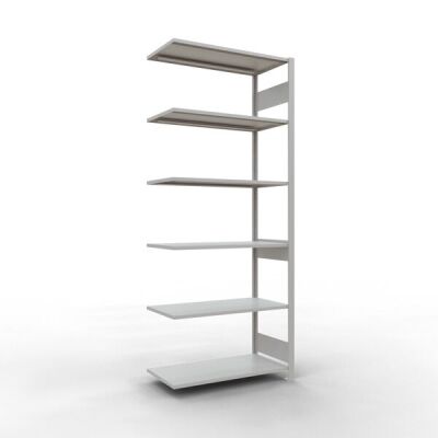 Anbauregal, Fachbodenregal Stecksystem MULTIplus85, 2500 x 1000 x 500 mm (HxBxT), 6 Fachböden, Längenriegel, RAL 7035 lichtgrau