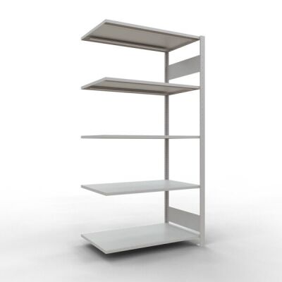 Anbauregal, Fachbodenregal Stecksystem MULTIplus85, 2000 x 1000 x 600 mm (HxBxT), 5 Fachböden, Längenriegel, RAL 7035 lichtgrau