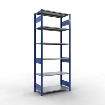 Grundregal, Fachbodenregal Stecksystem MULTIplus85, 2500 x 1000 x 500 mm (HxBxT), 6 Fachböden, Längenriegel, RAL 5010 enzianblau